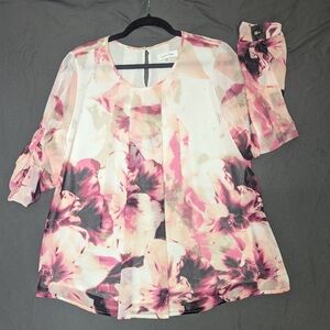 ​Calvin Klein Pink Floral Chiffon Blouse with Rolled Sleeves, Size M